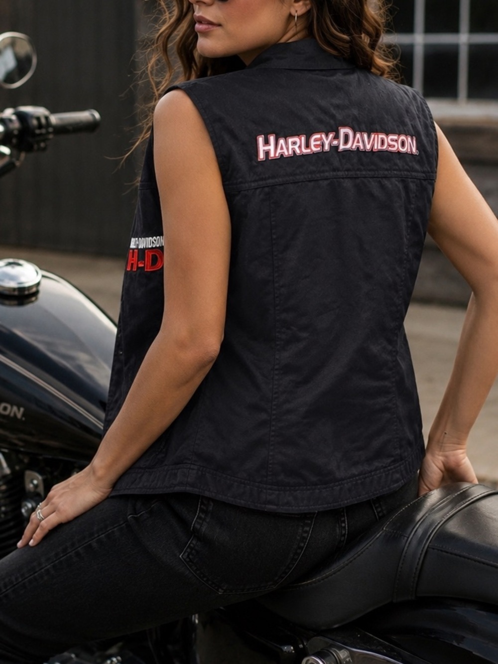Harley Davidson Women's Embroidered Logo Bikercore Black Vest with Orange Lining